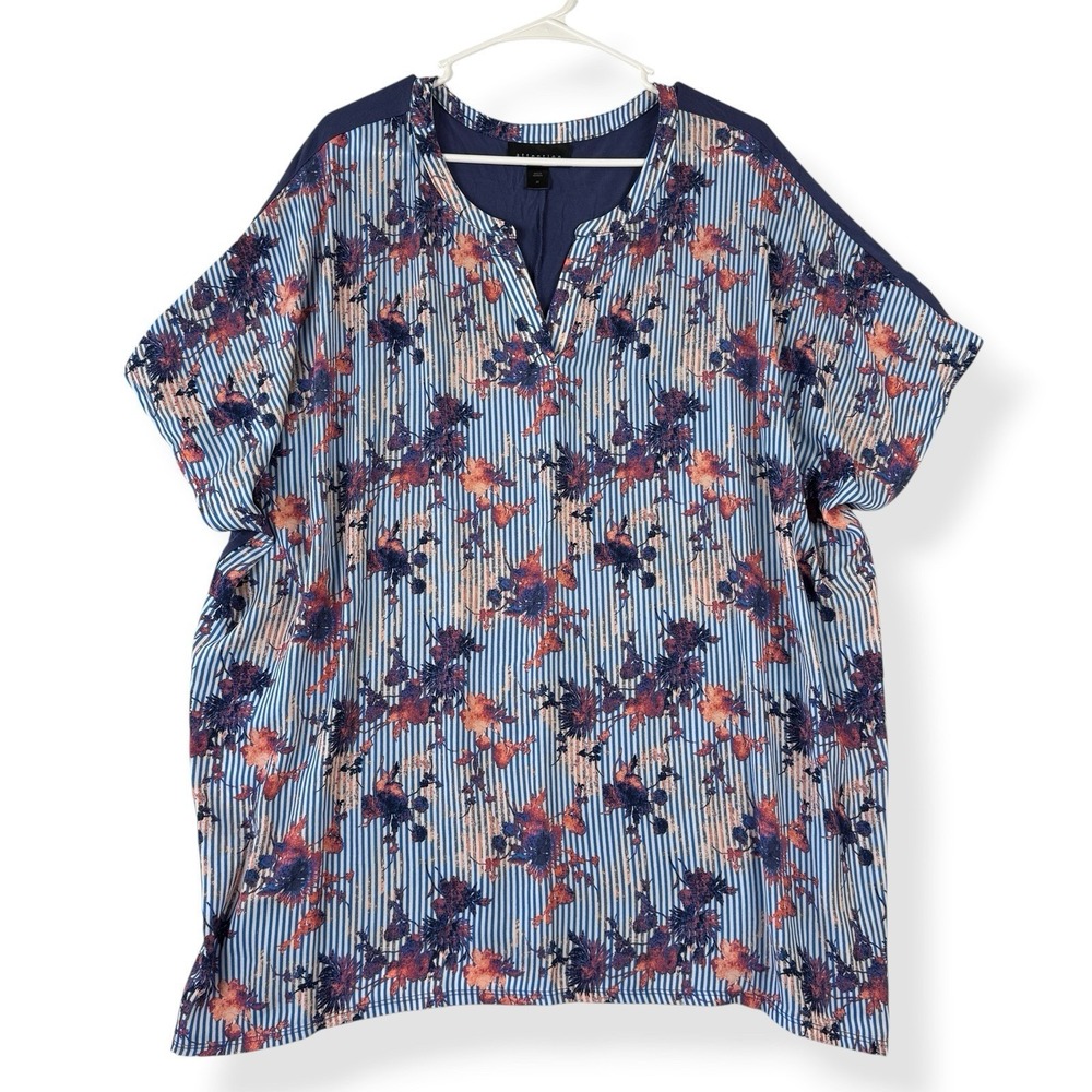 Attention Plus Womens 3X Blouse Blue Floral Striped Split Neck Mixed Media Top